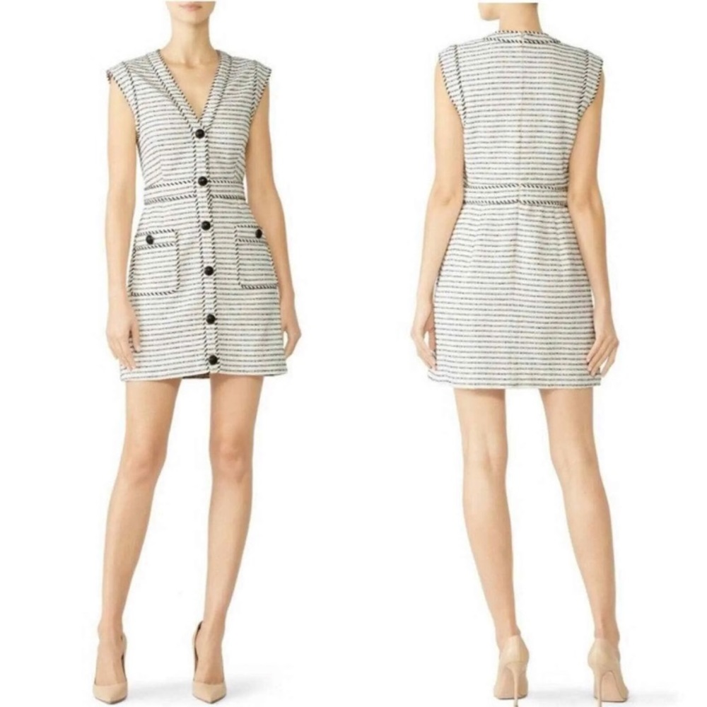 $595 VERONICA BEARD Kama Tweed Sleeveless Button White Black Mini Sheath Dress 8